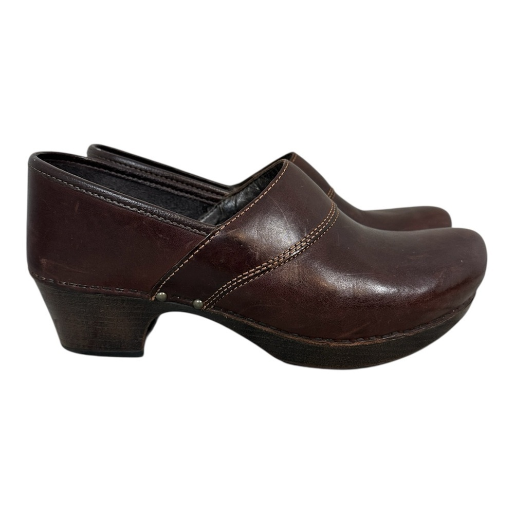 Dansko Prima Brown Leather Chunk Heel Clogs Size 40 Women’s 9.5 US